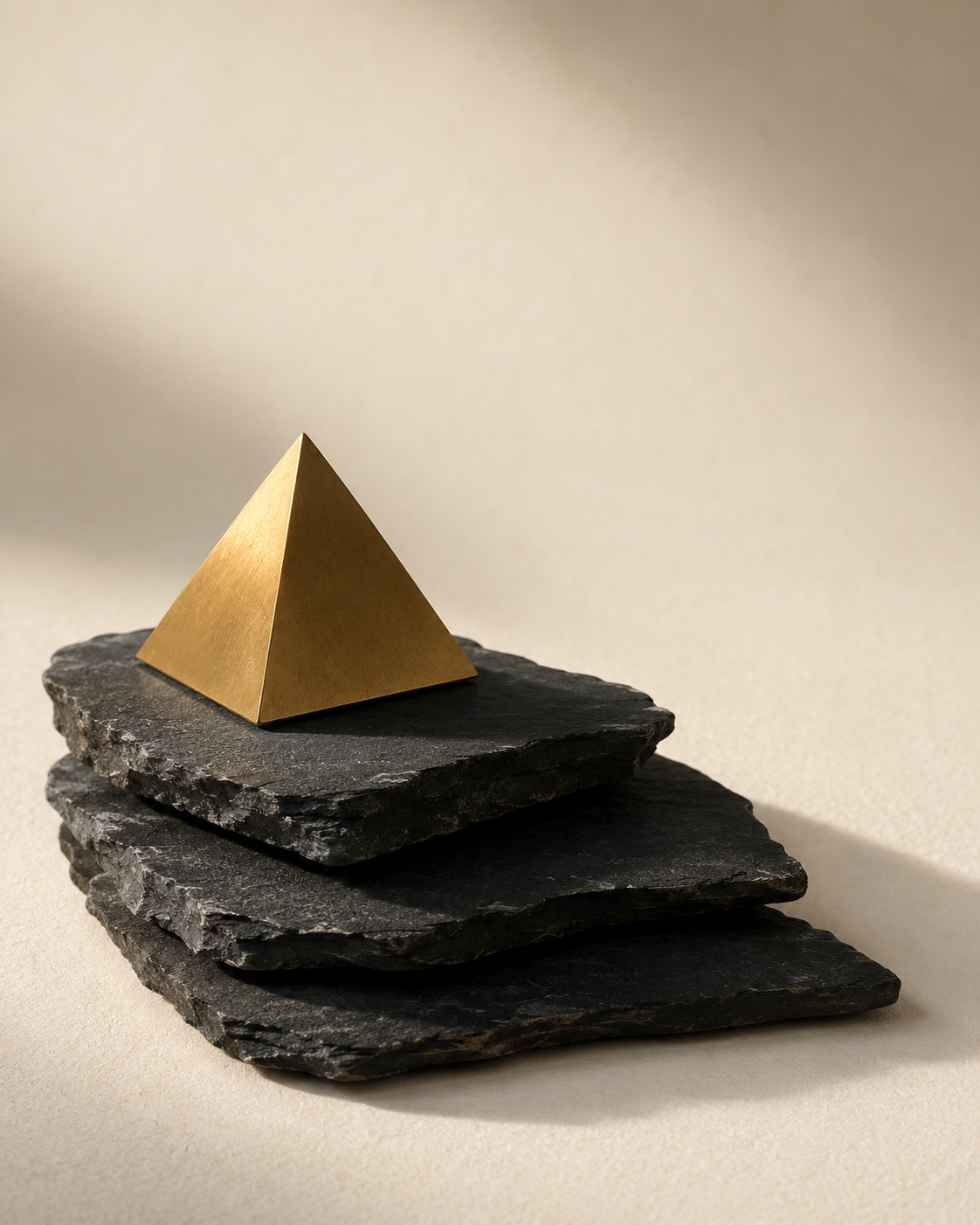 A polished brass summit form resting on stacked slate — the foundation and the elevation.