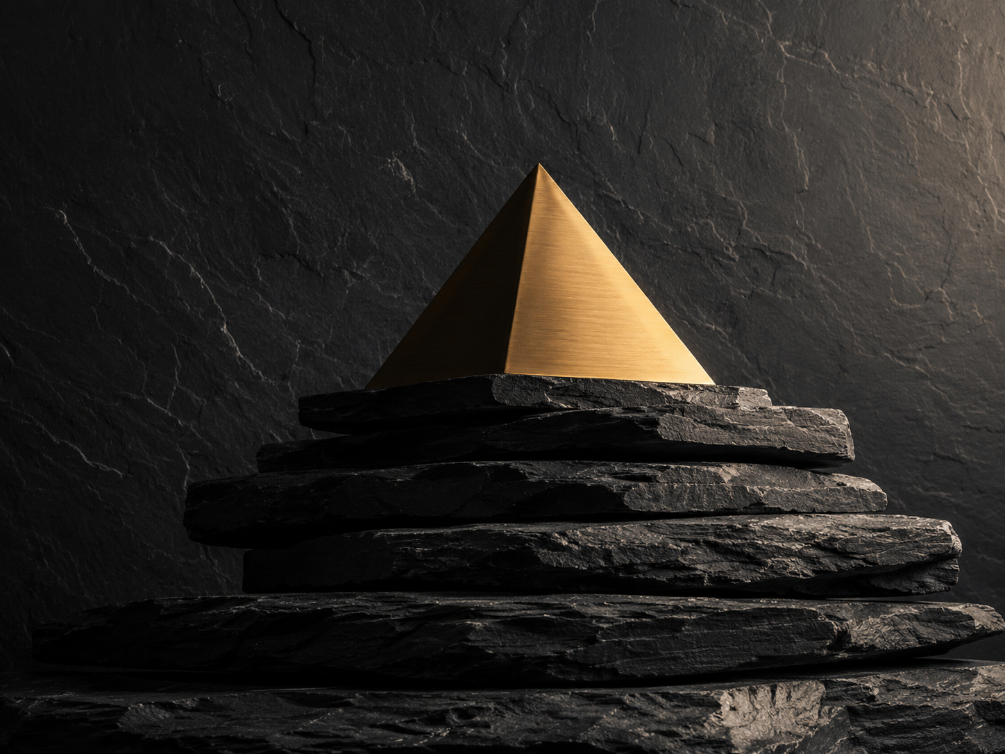 A stack of dark slate slabs rising toward a glowing brushed-bronze pyramid against a deep charcoal background — strategic financial guidance with lasting impact