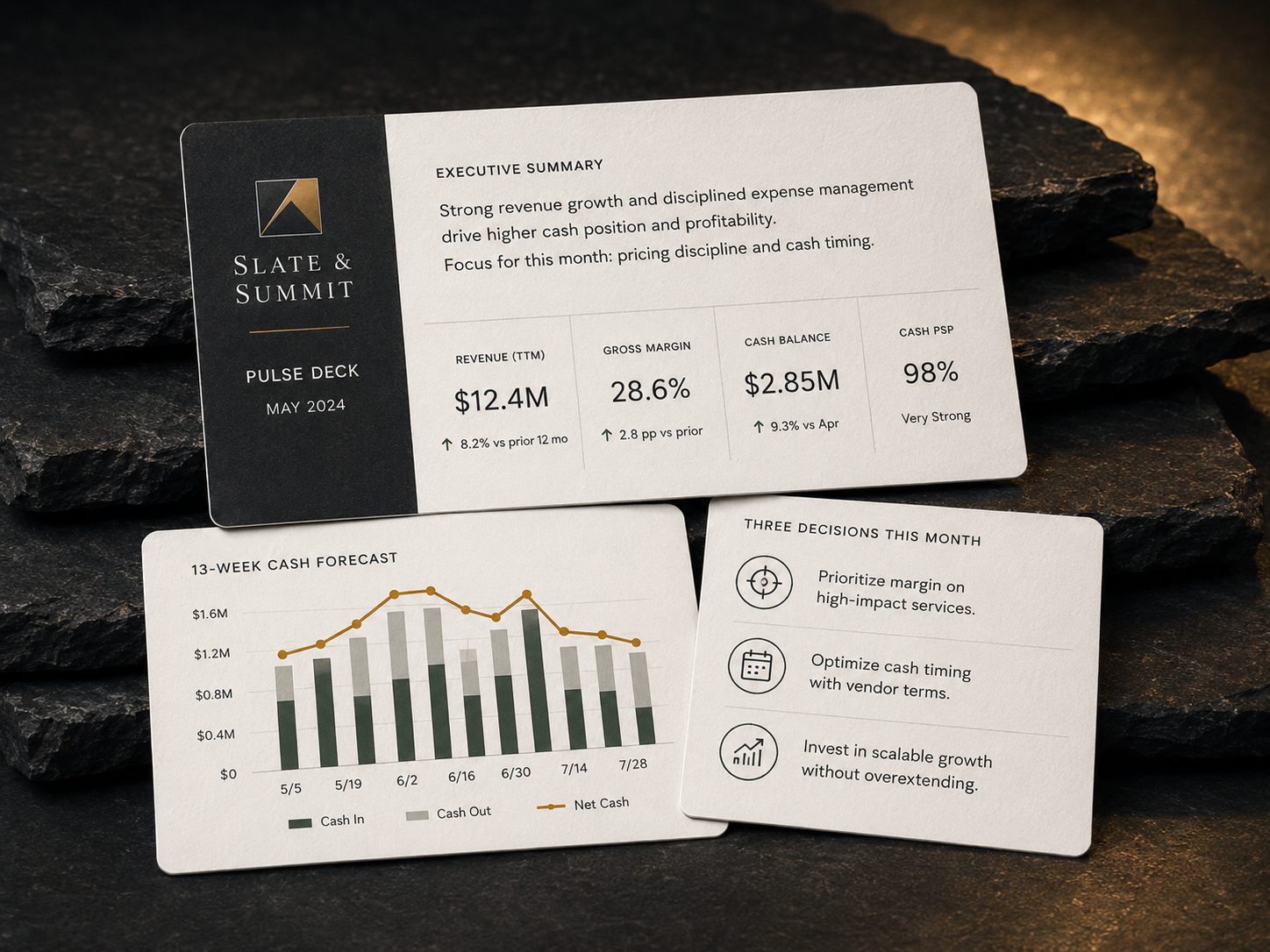 The Slate and Summit Pulse Deck — cream report cards with a charcoal header, an executive summary, a 13-week cash forecast chart, KPI tiles, and a three-decisions panel, arranged over dark slate