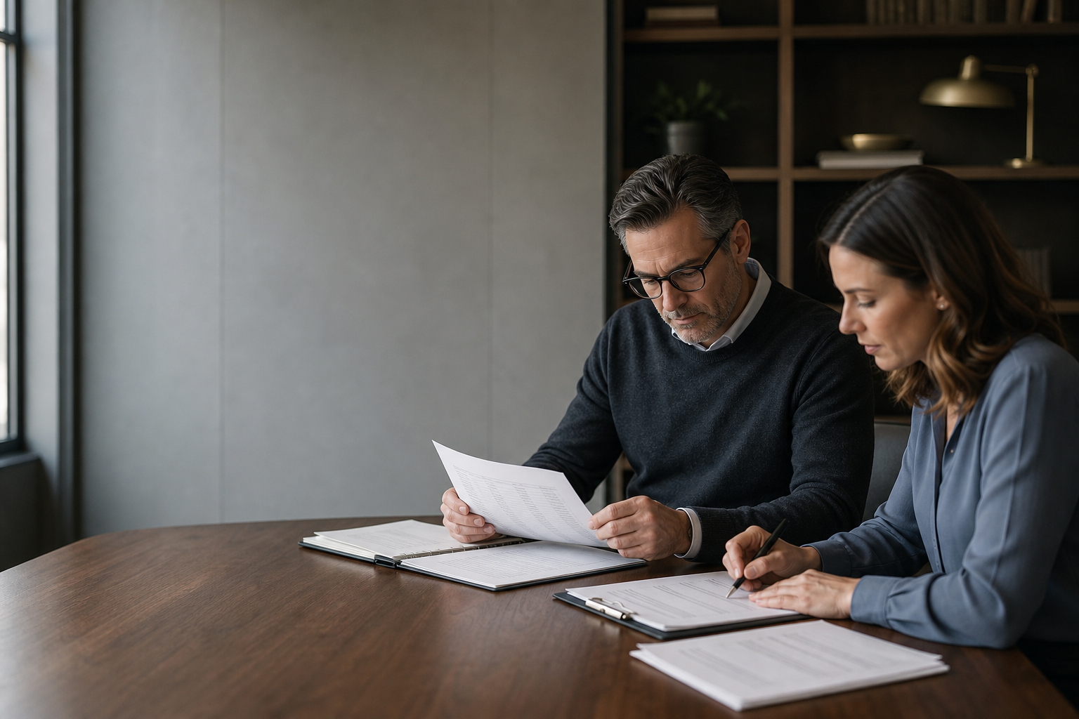 Two reviewers checking a monthly financial report together