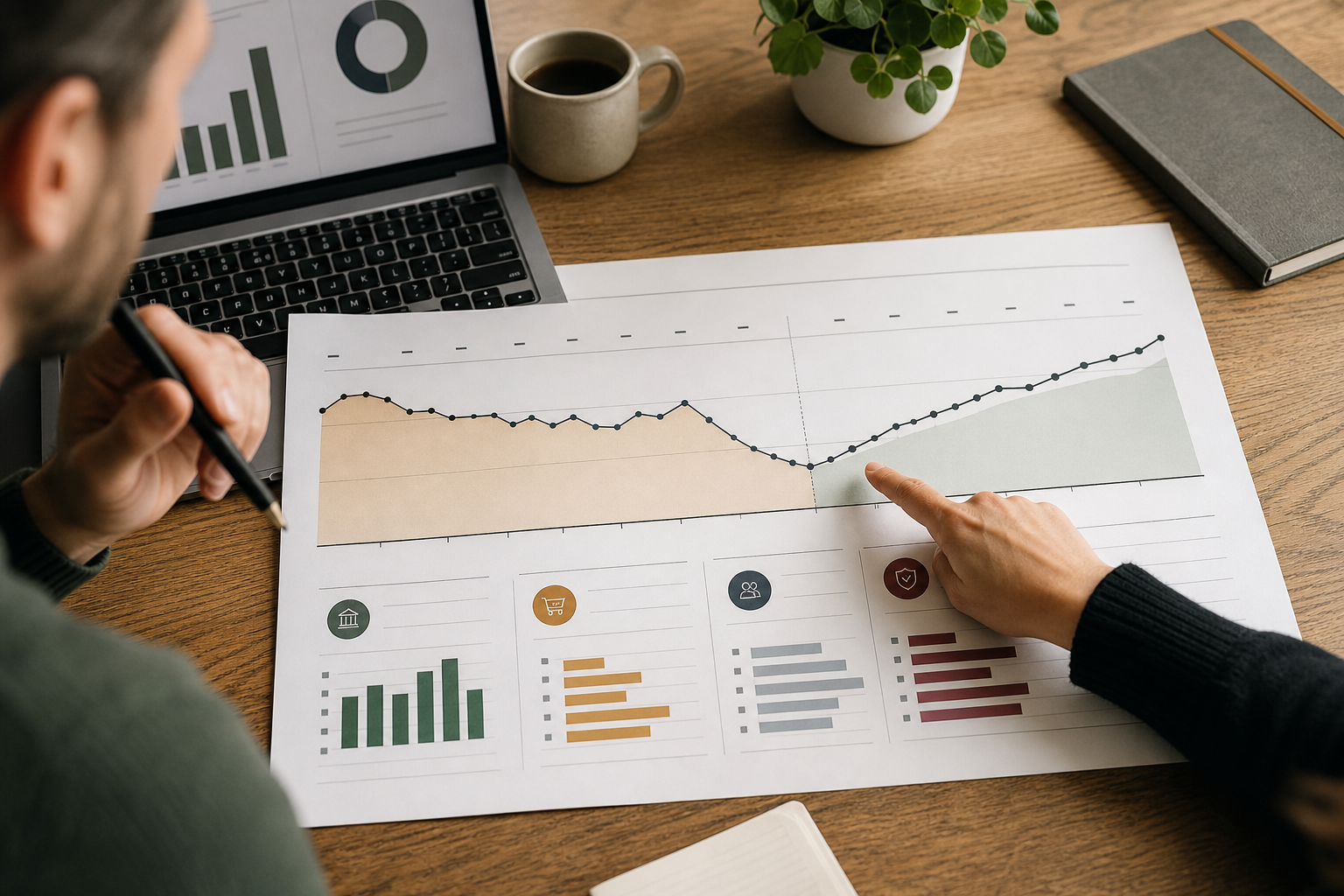 A business owner and advisor reviewing the turning point in a 13-week cash forecast