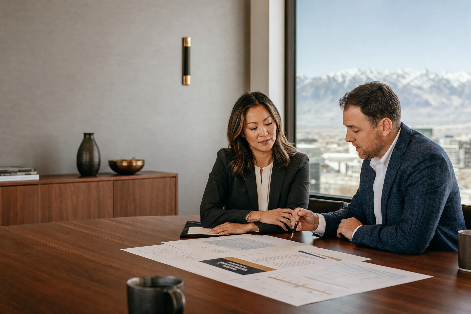 A business owner and advisor reviewing a forward-looking financial plan