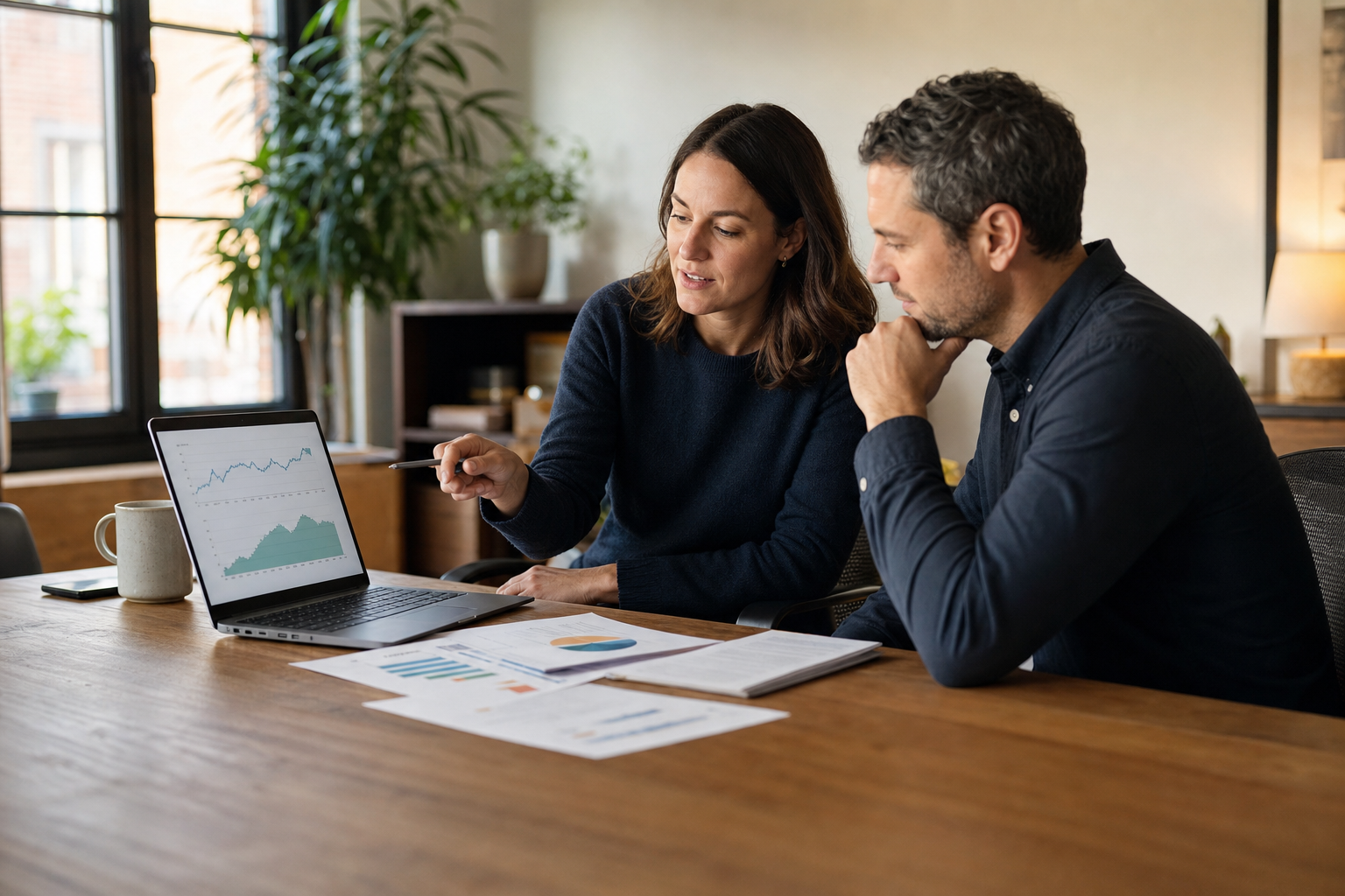 An owner and advisor using a monthly numbers snapshot to discuss the next decision
