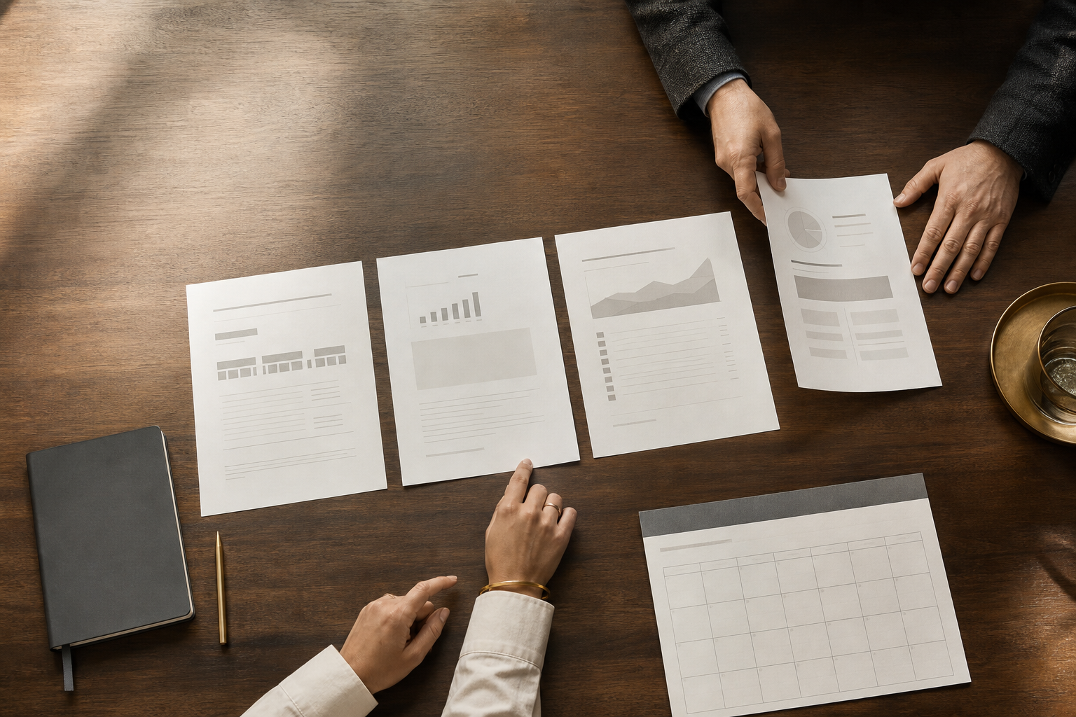 Two people reviewing a sequence of monthly reports at a wooden table