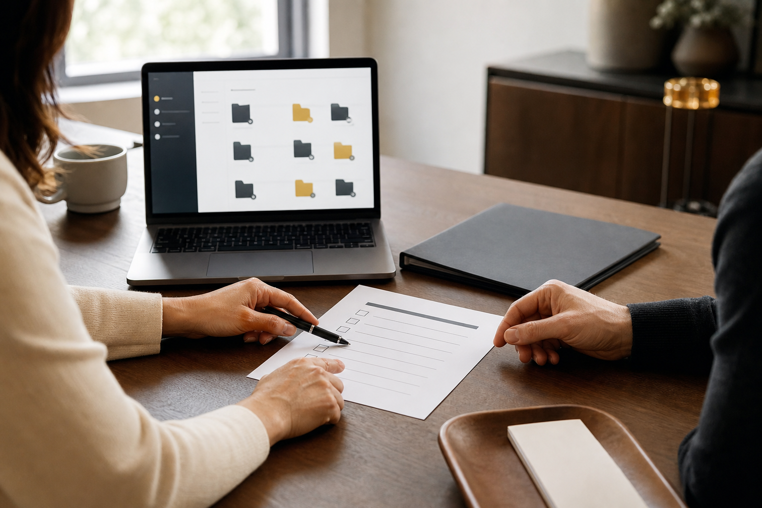 Client and advisor reviewing a secure access checklist beside a portal screen