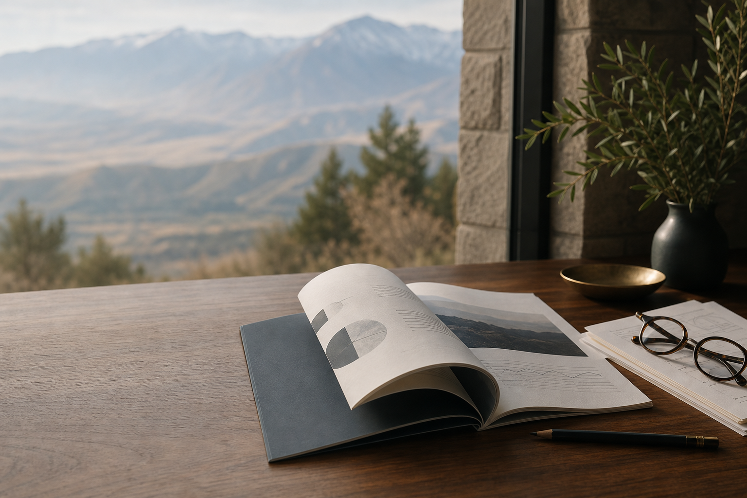 An open finance publication on a desk overlooking the Utah mountains