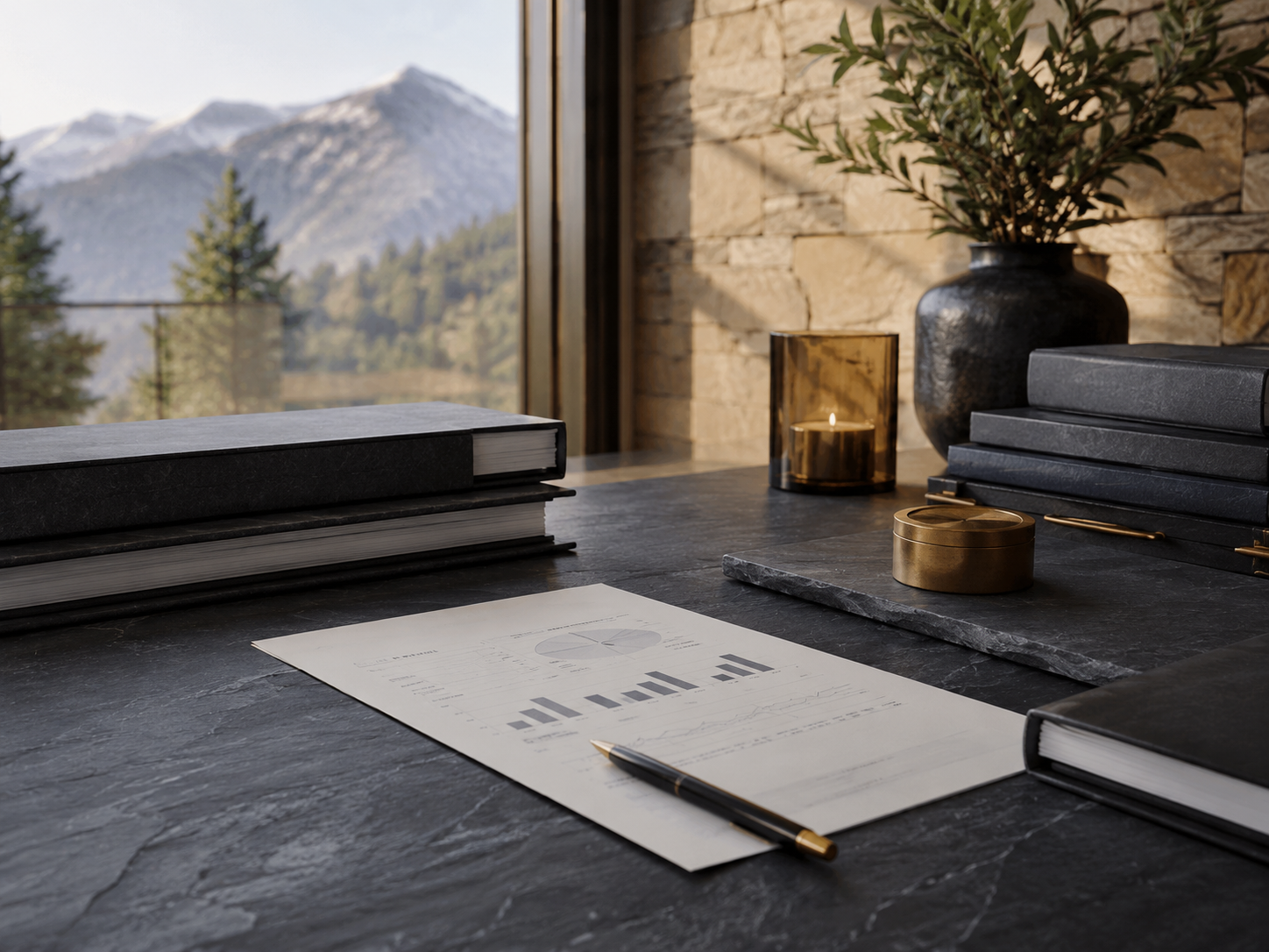 Slate and Summit branded materials in a warm professional law firm environment