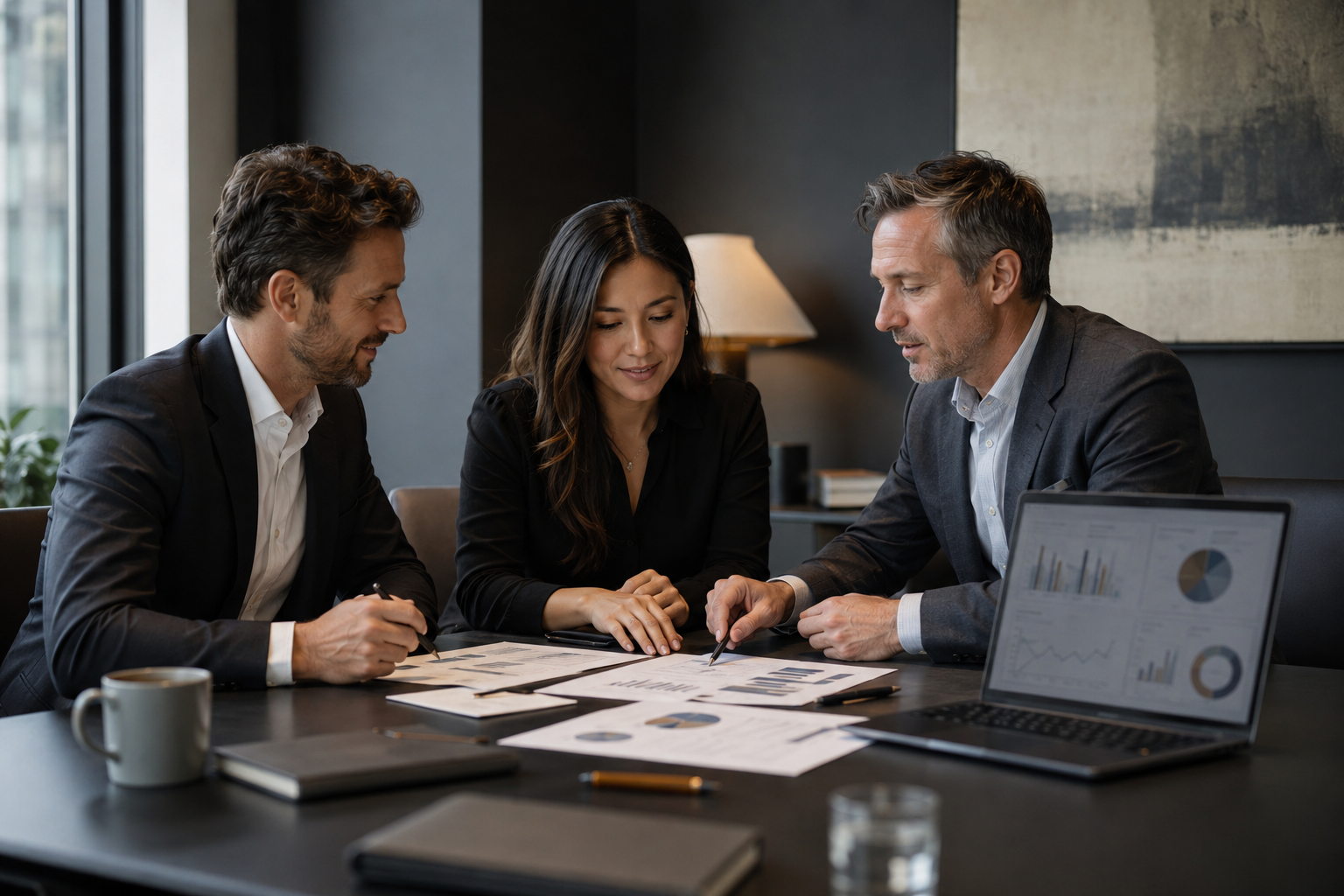 Managing partners reviewing law firm books and cash reports in a calm office setting