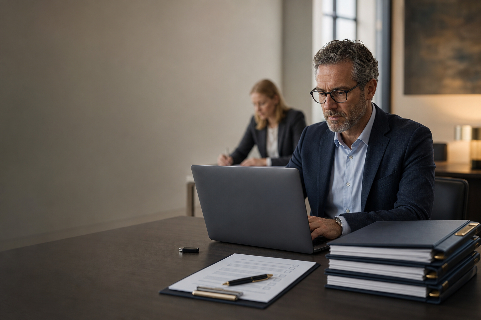 A reviewer working with a secure laptop and an organized document checklist