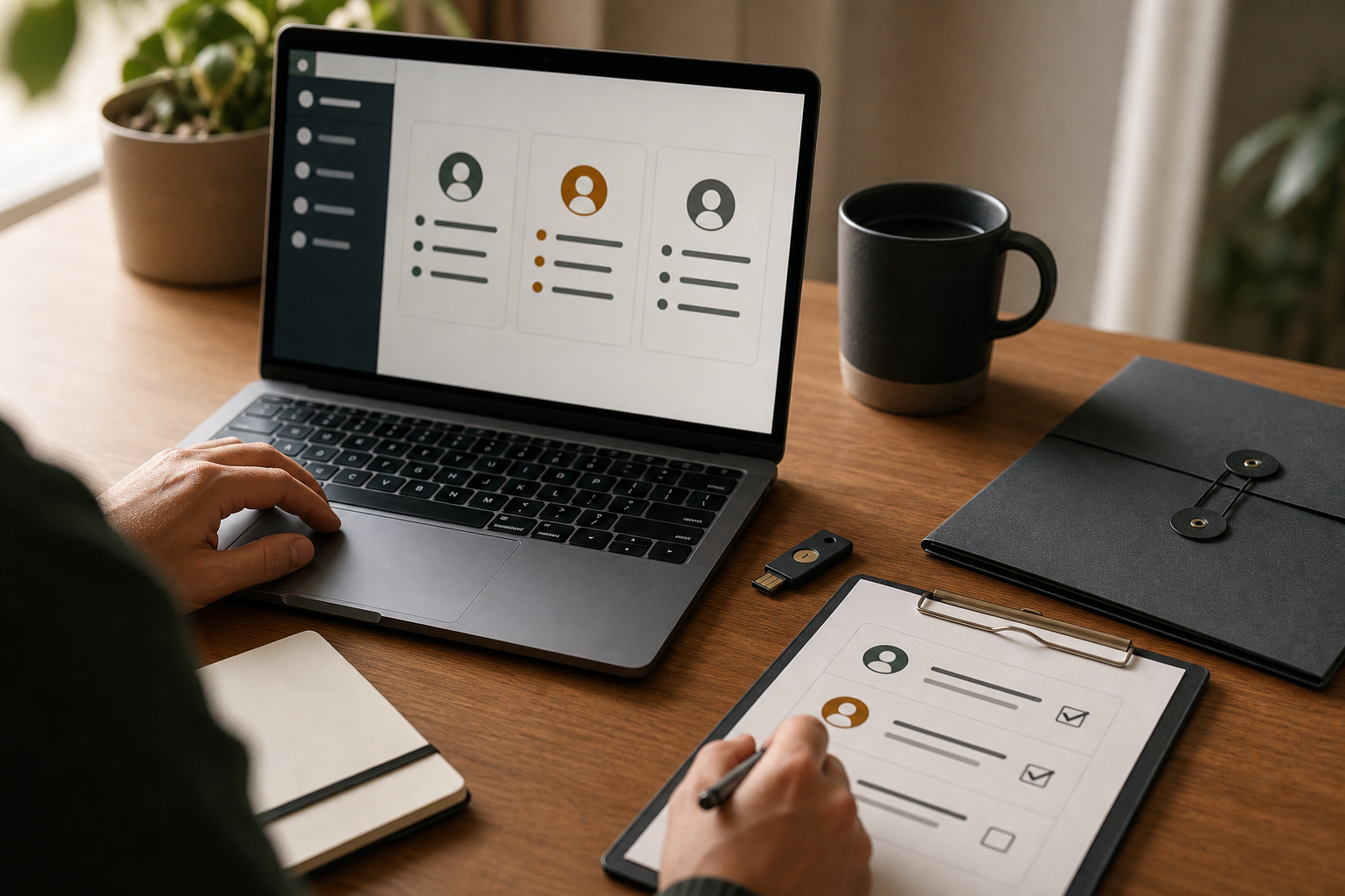 An authorized reviewer confirming limited user roles beside a hardware security key