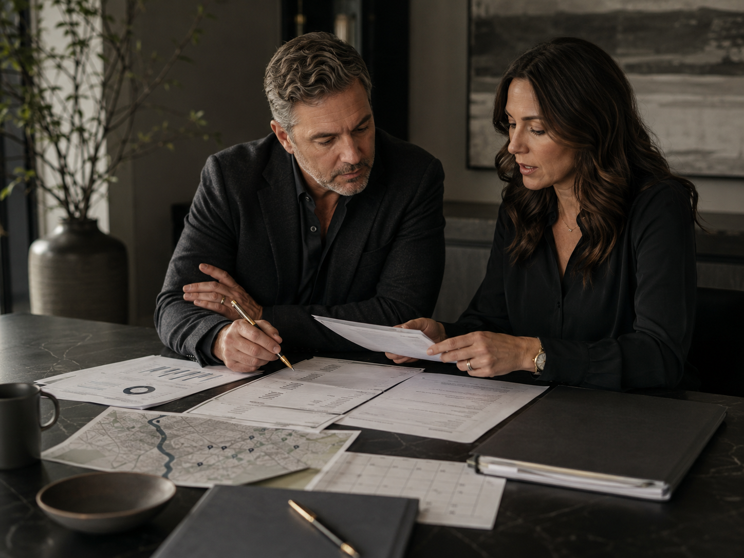 Broker-owner and operations manager reviewing commission splits and lead-source reports at a conference table