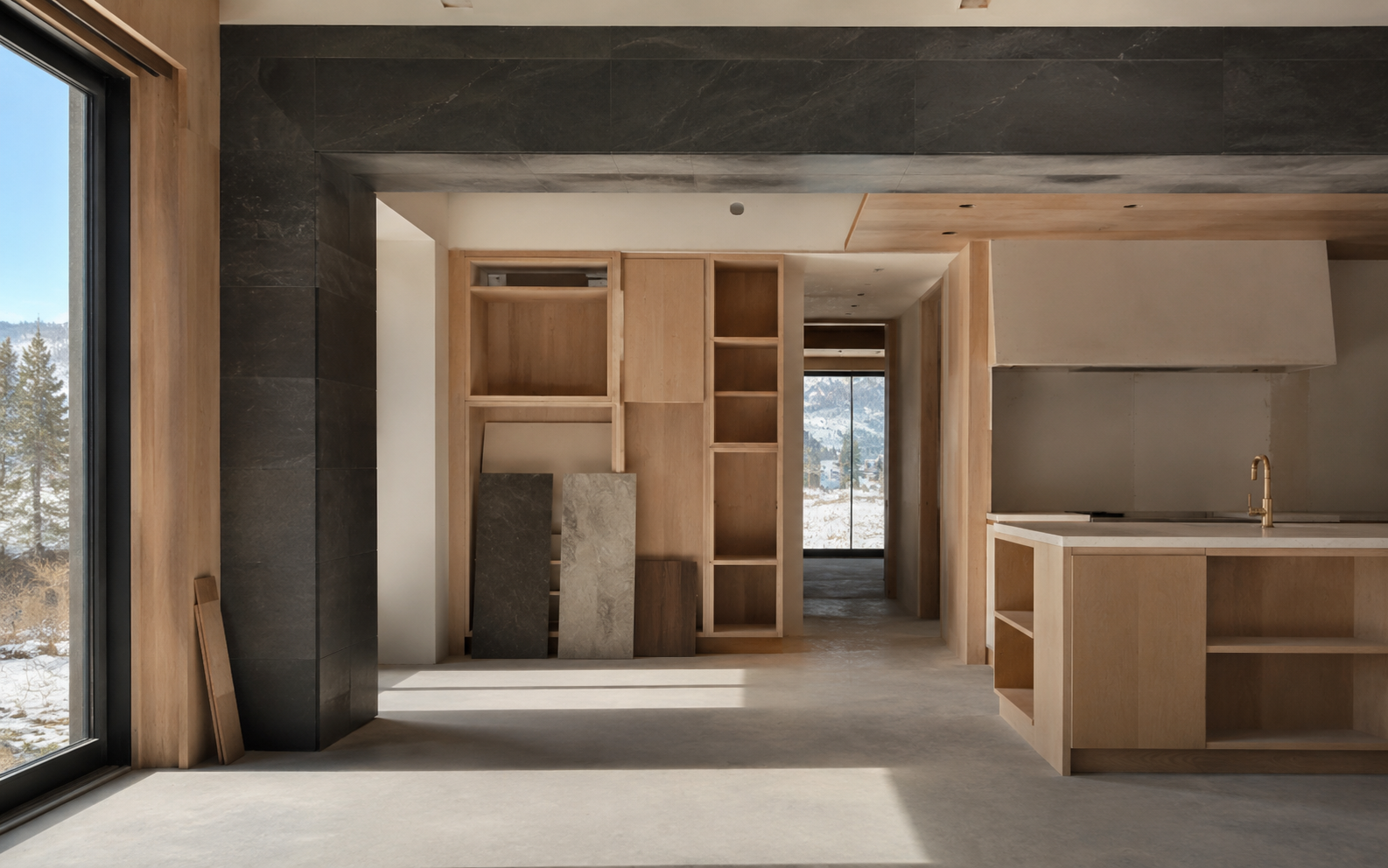 Precision remodel work in progress with framing, millwork, and material details in natural light