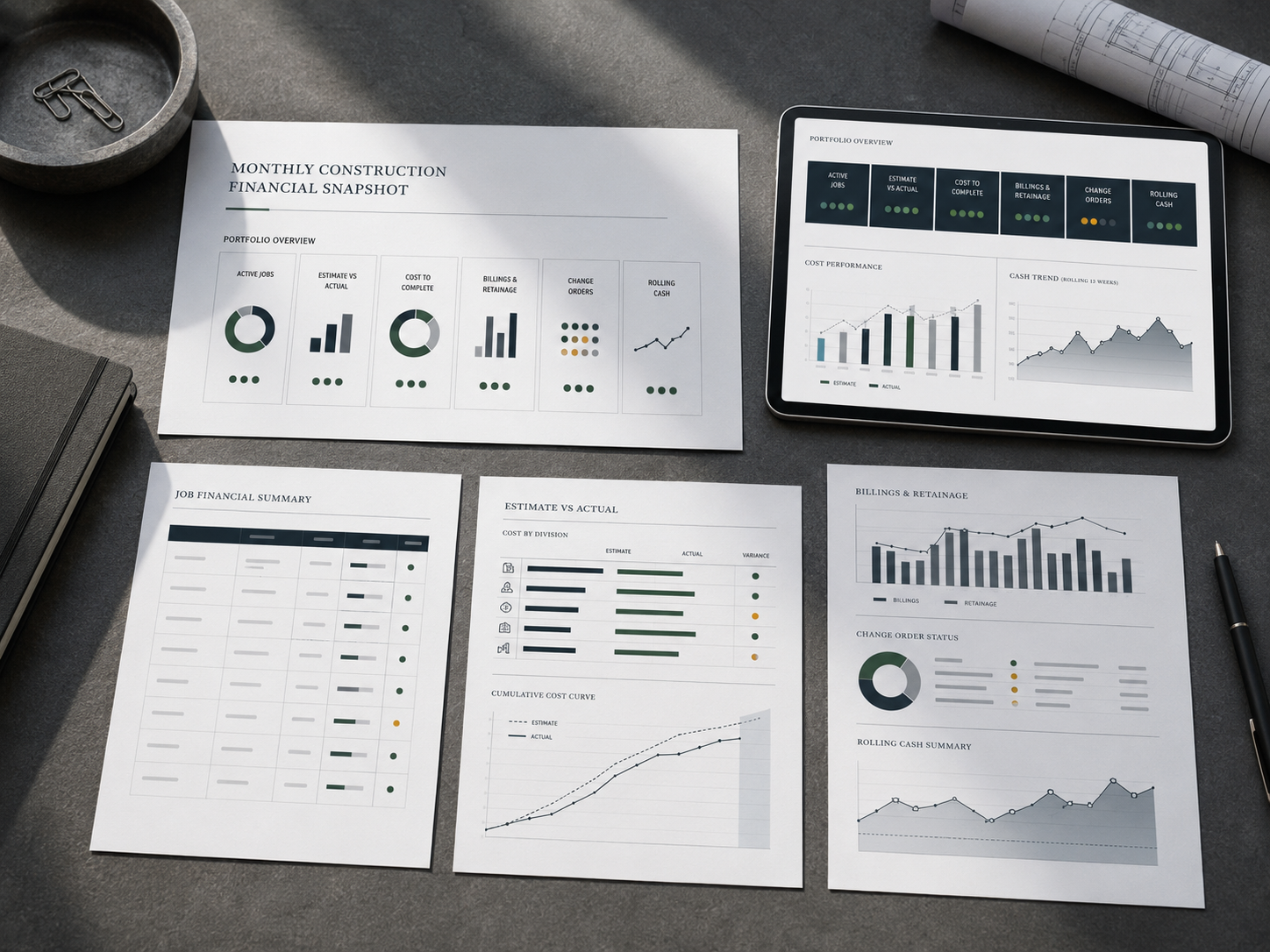 Board-ready construction finance dashboard showing abstract job, WIP, margin, change-order, and cash views