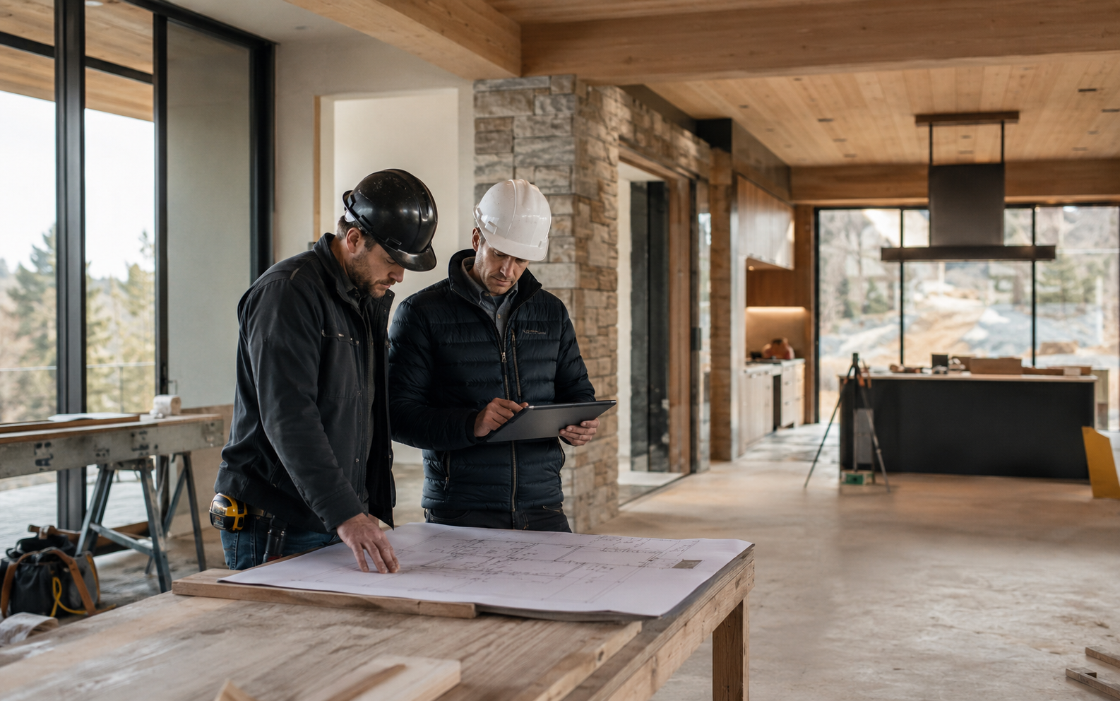 Construction company owner and project manager reviewing plans and job-cost information at an active remodel site