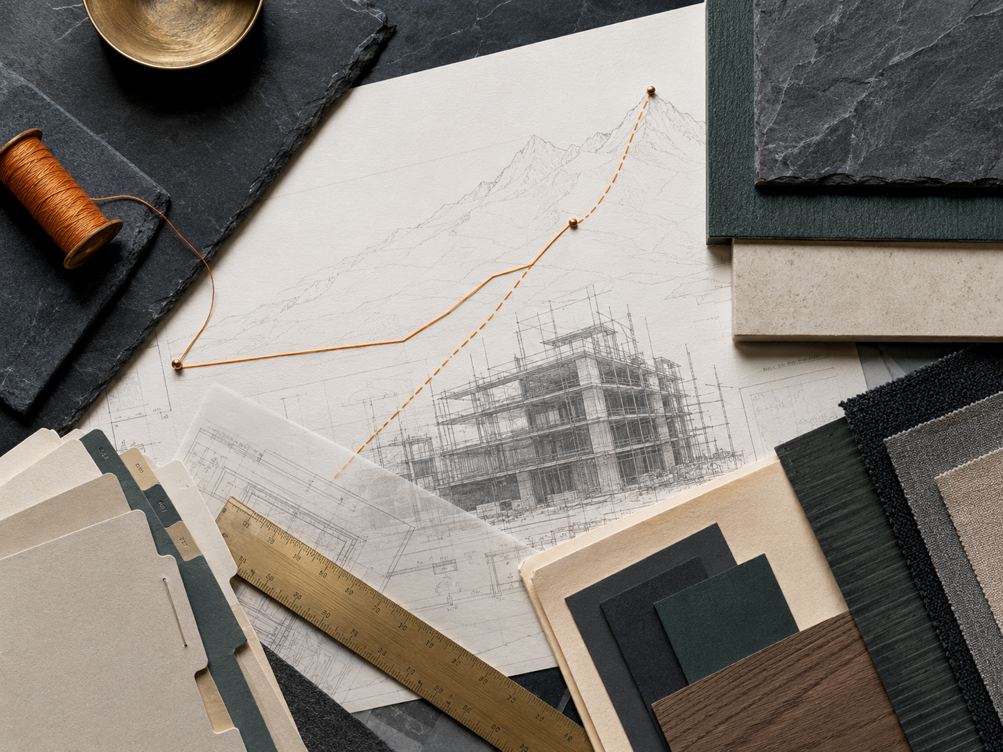 Architectural job-cost and WIP planning materials arranged in a calm Slate and Summit visual system