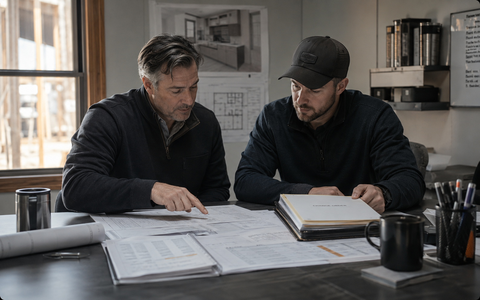 Construction owner and project manager reviewing plans, job cost reports, and WIP notes in a clean field-office setting