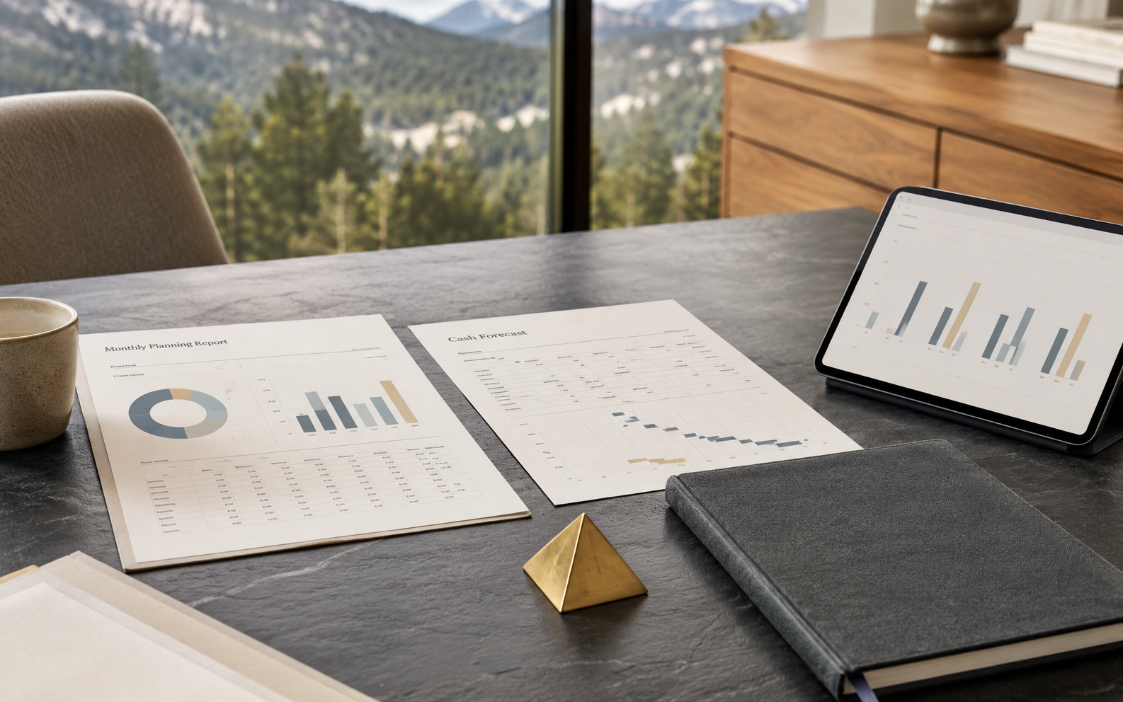 A calm Slate and Summit industry planning scene with reports, cash forecast notes, and subtle brand materials on a warm work table