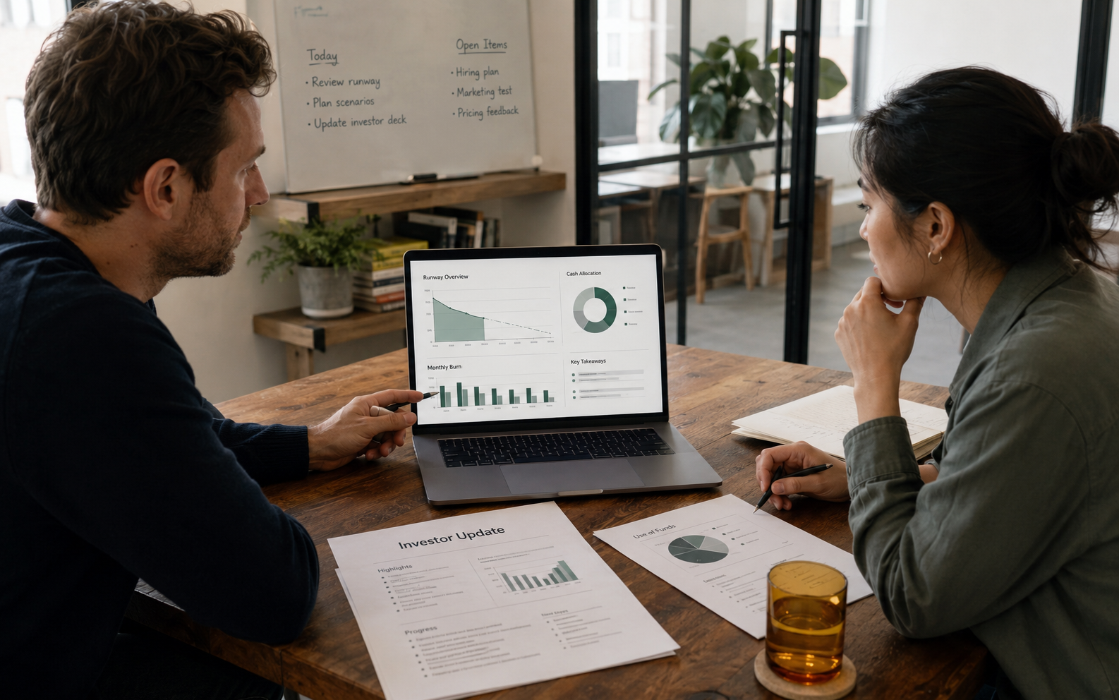 Startup founder and operations lead reviewing a simple burn and runway dashboard in a bright product team workspace