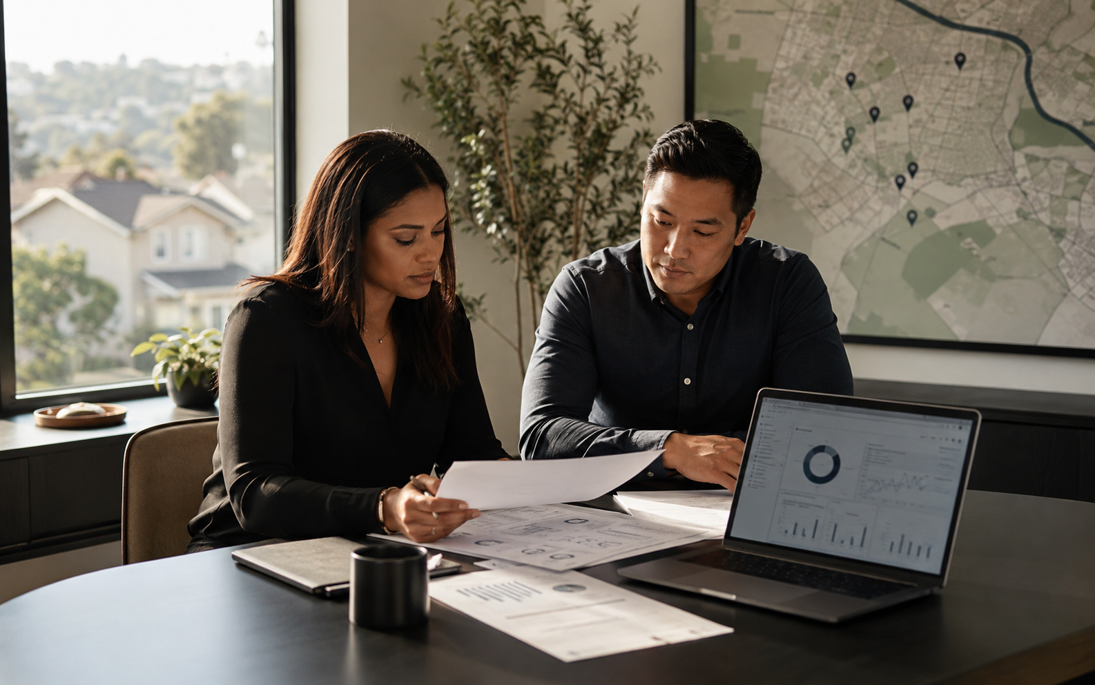 Residential real estate agent and operations lead reviewing commission and cash reports in a calm office