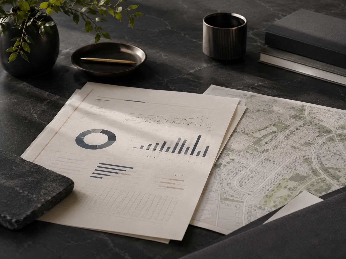 Slate and Summit brand still life with a neighborhood map, ledger, and abstract monthly numbers snapshot