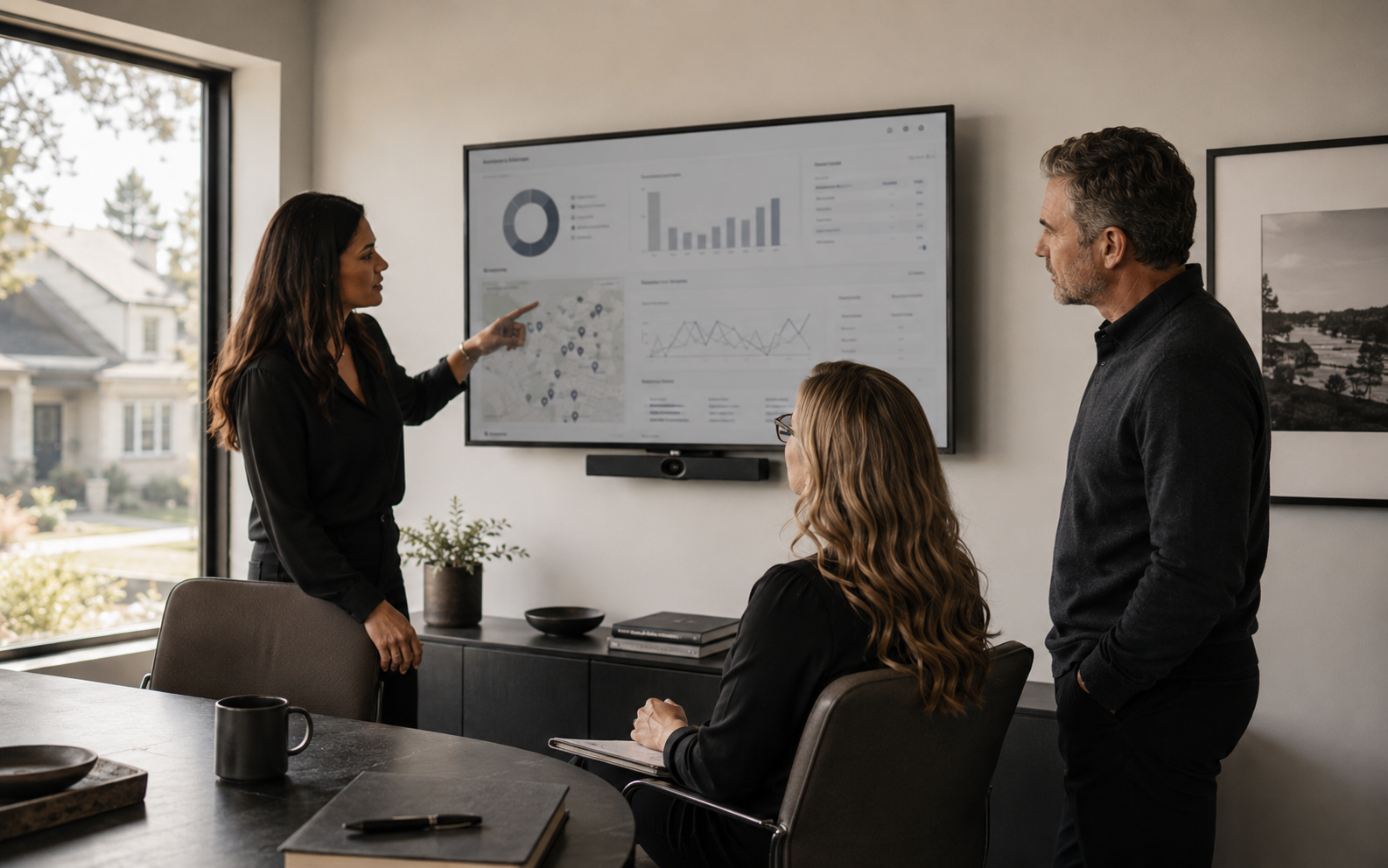 Residential real estate team discussing lead-source and profitability reporting in a practical office