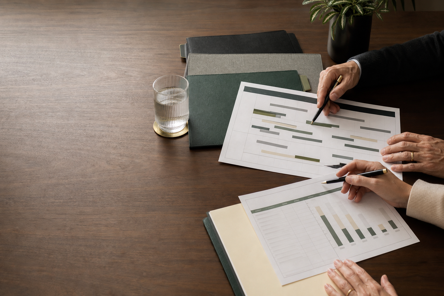 Two people reviewing a year-round tax planning timeline and current reports
