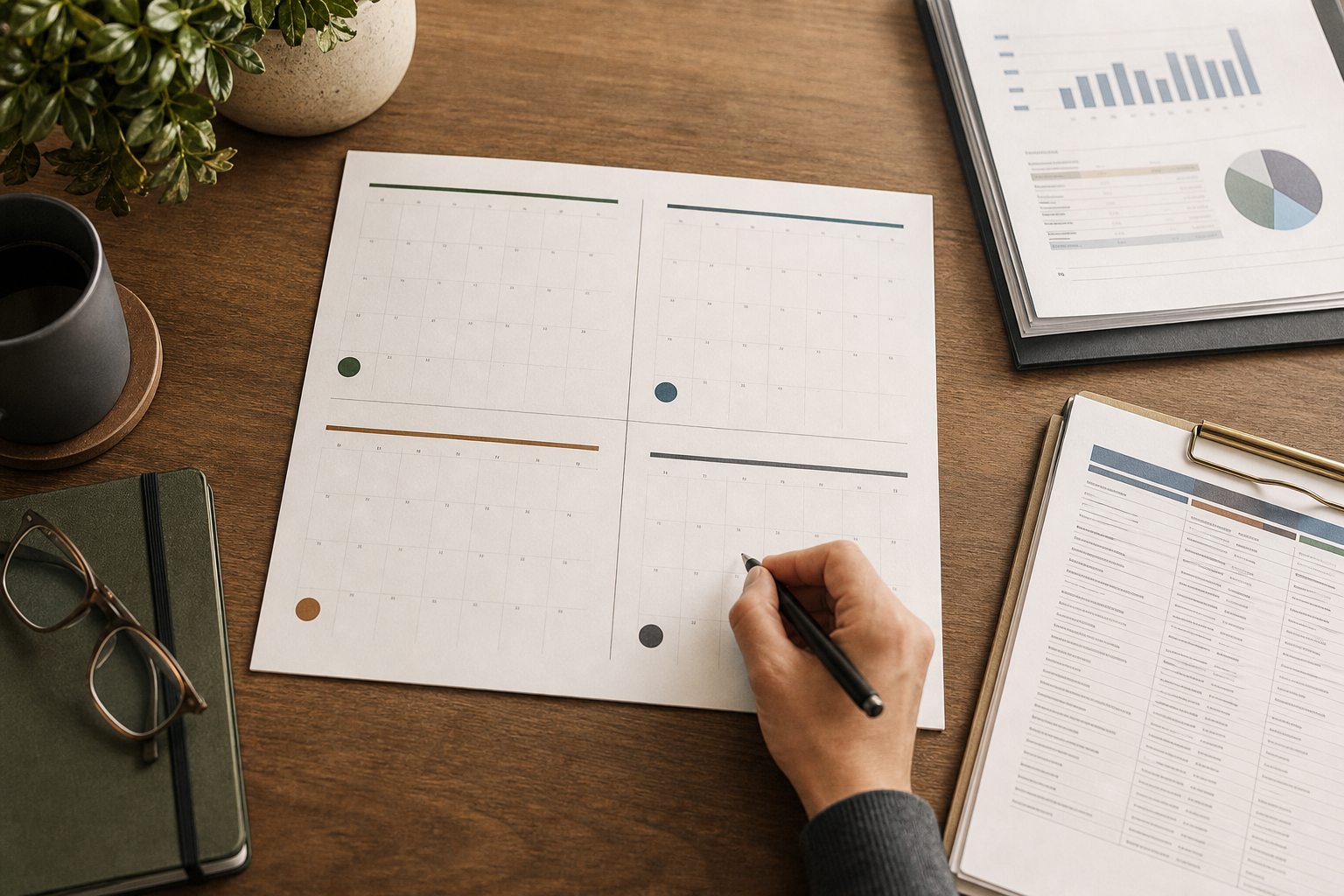 A year-round calendar with four tax-planning checkpoints beside current reports